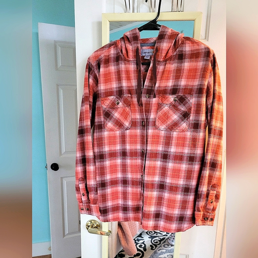 Carhartt Flannel with Hood size 12/14  Orange/Red